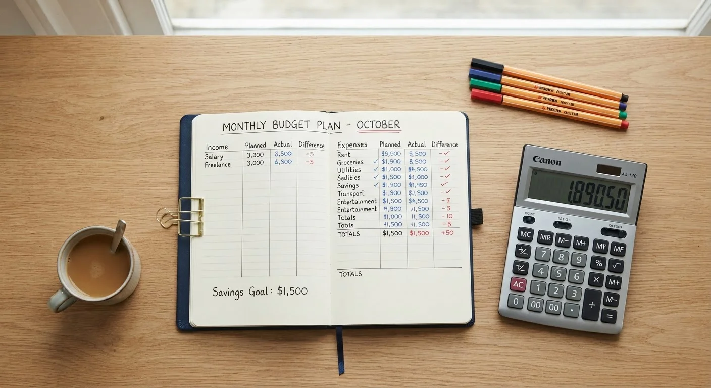Open budget notebook with a calculator and colored pens on a wooden desk