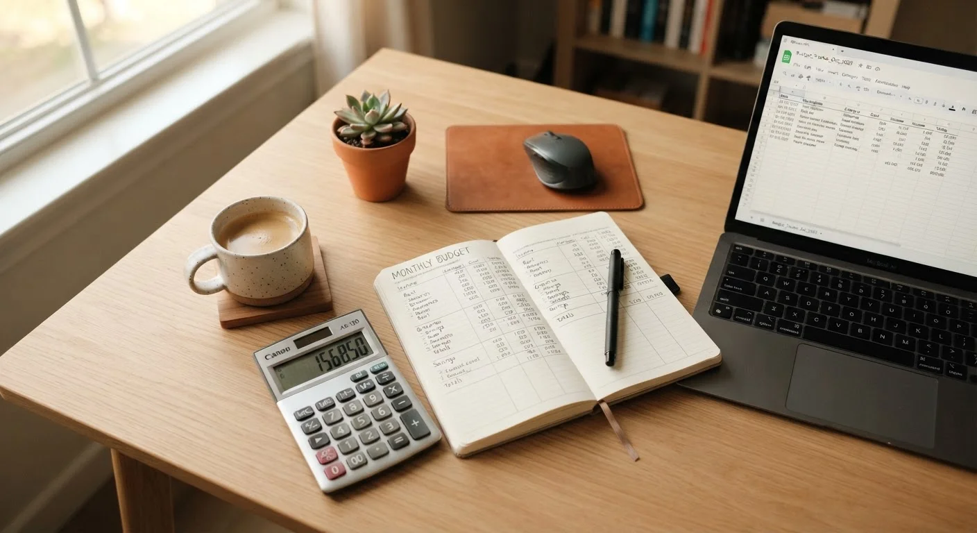 Open budget notebook on a desk beside a calculator, coffee, and laptop with spreadsheet