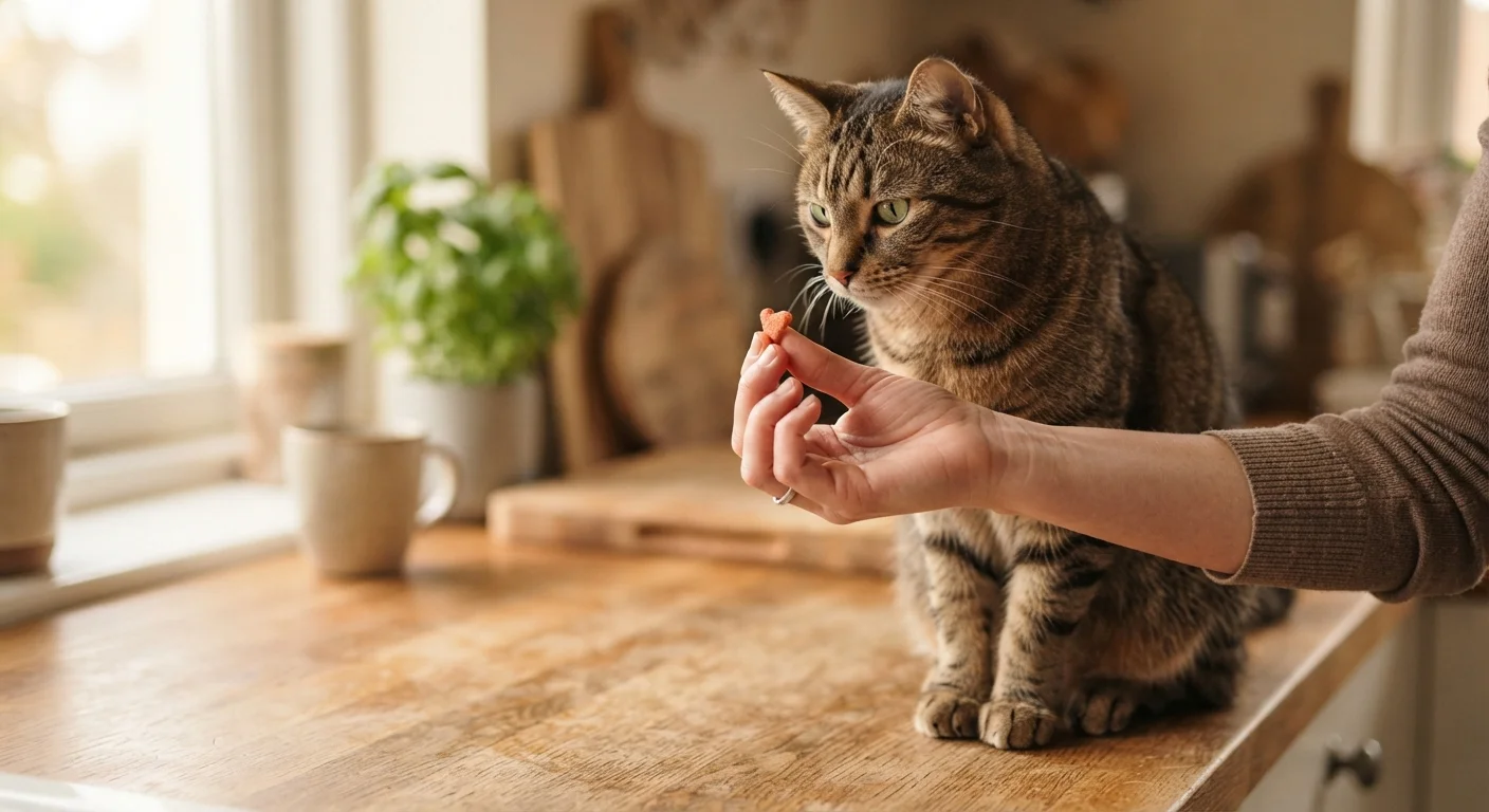 A tabby cat sitting attentively and taking a treat from a person's hand during training