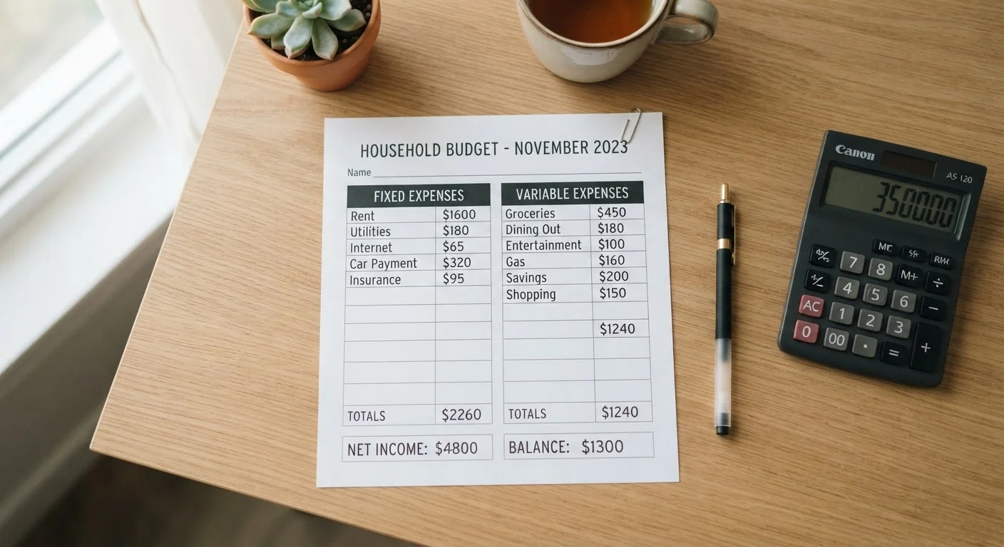 Budget worksheet on a desk split into fixed and variable expense columns with a calculator