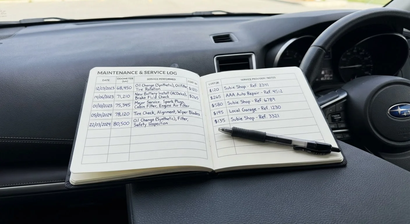 Open car maintenance logbook resting on a vehicle dashboard with a pen beside it