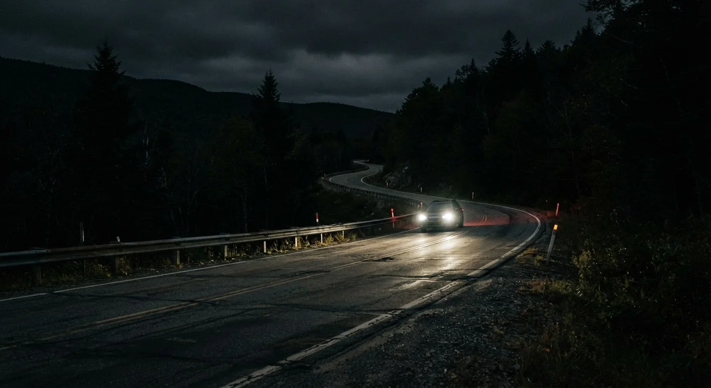 A car's headlights illuminating a dark two-lane road at night with no other light sources