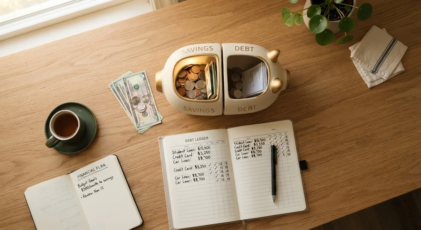 A piggy bank beside a debt repayment notebook on a clean wooden desk
