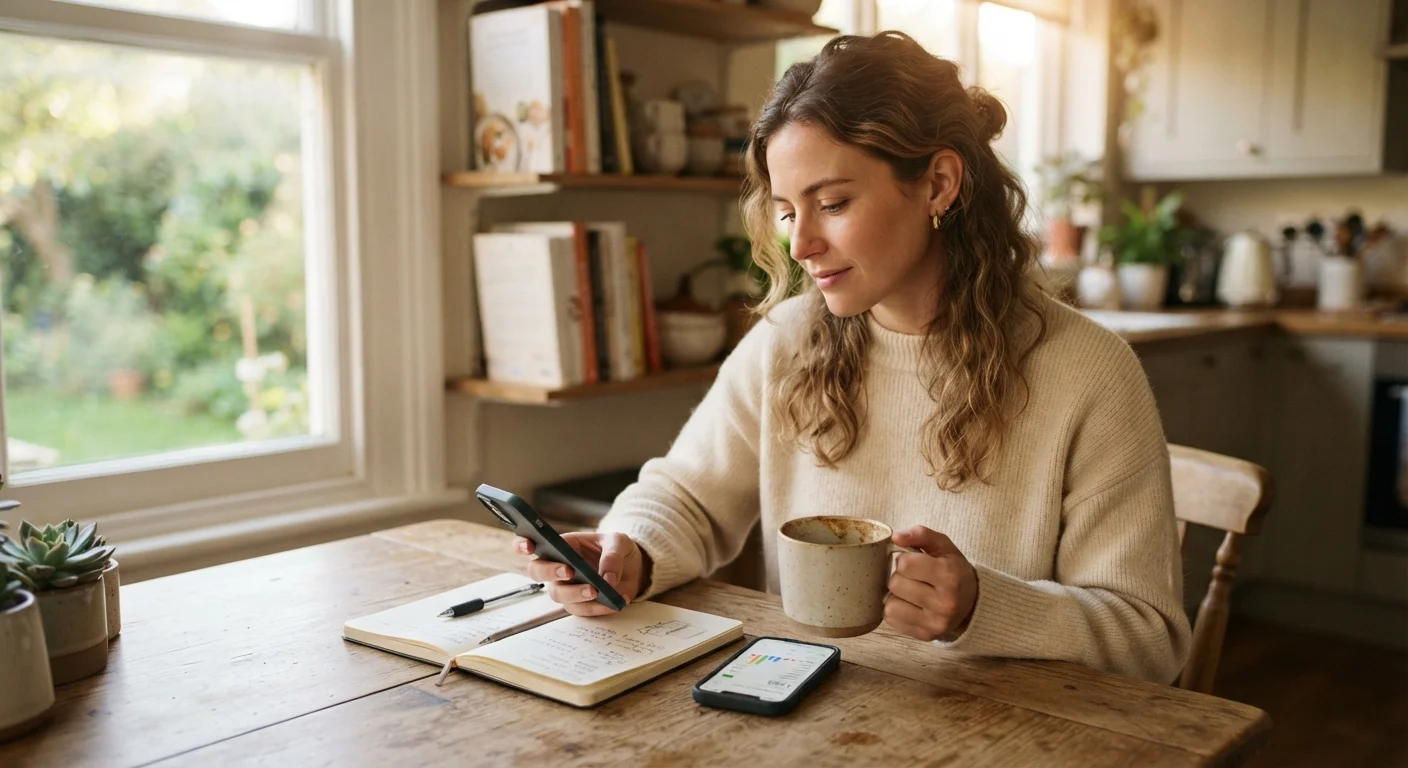 Person reviewing a simple spending notebook and phone at a kitchen table with coffee