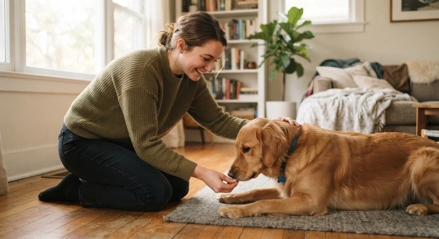Person using a treat to guide a dog through a training exercise indoors.