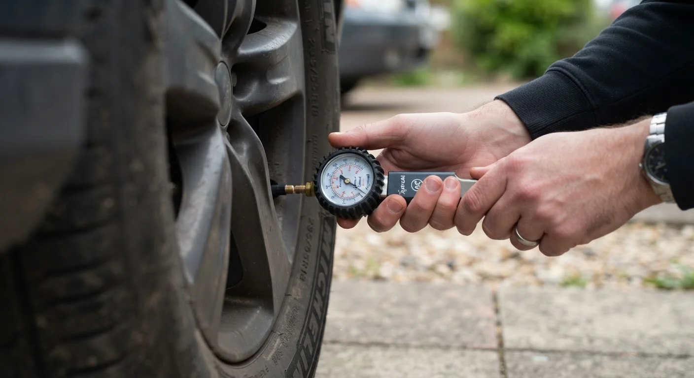 A hand using a tyre pressure gauge on a car tyre valve in a driveway