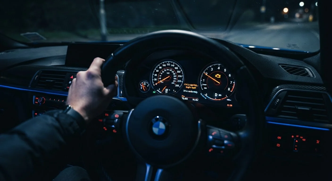Car dashboard with illuminated check engine warning light glowing orange at night