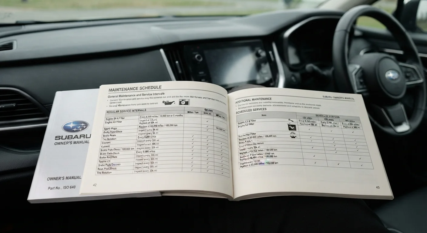 Car owner's manual open to a maintenance schedule page resting on a vehicle dashboard
