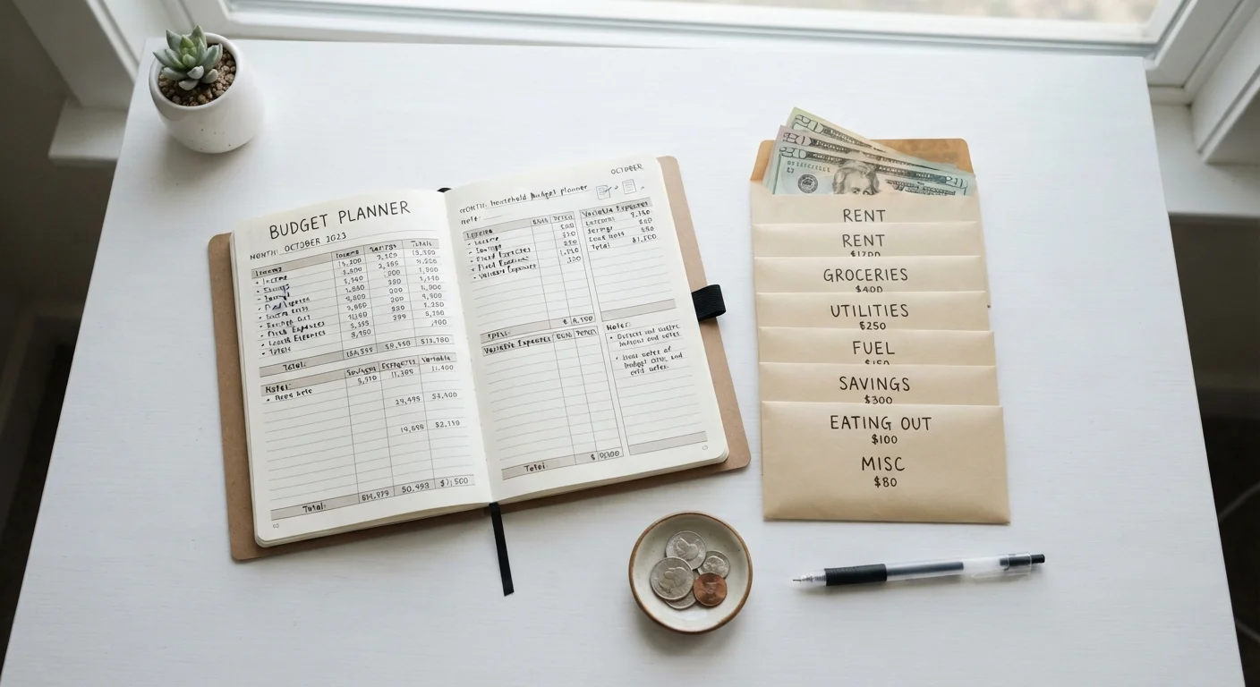 Cash bills sorted into labeled envelopes beside a budget planner and pen on a white desk.